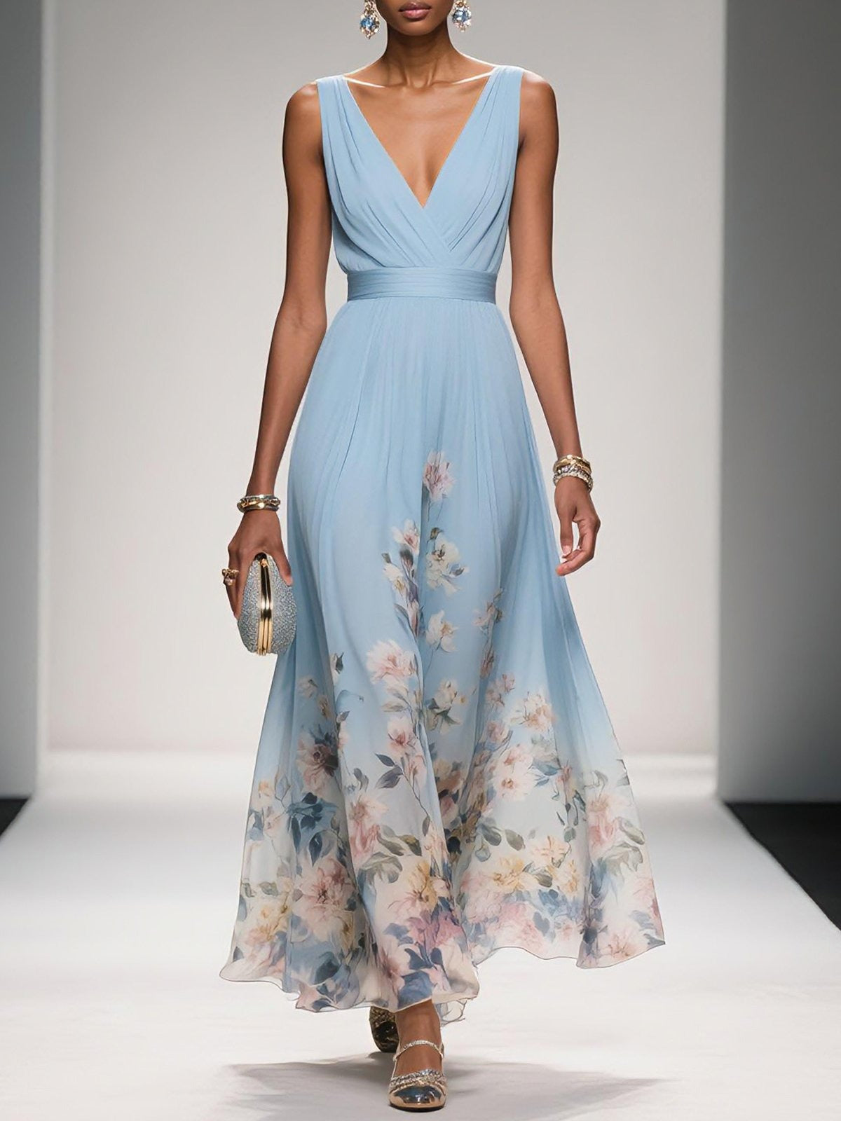 Robe longue en mousseline de soie à fleurs