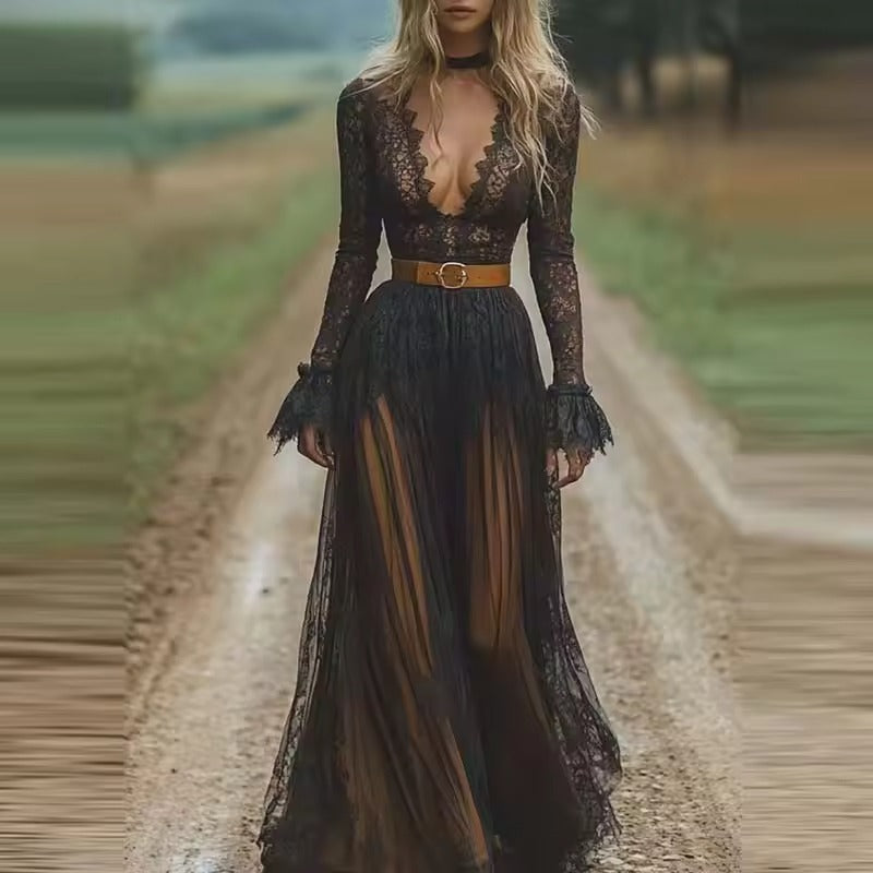 Robe rétro noire en dentelle à col en V