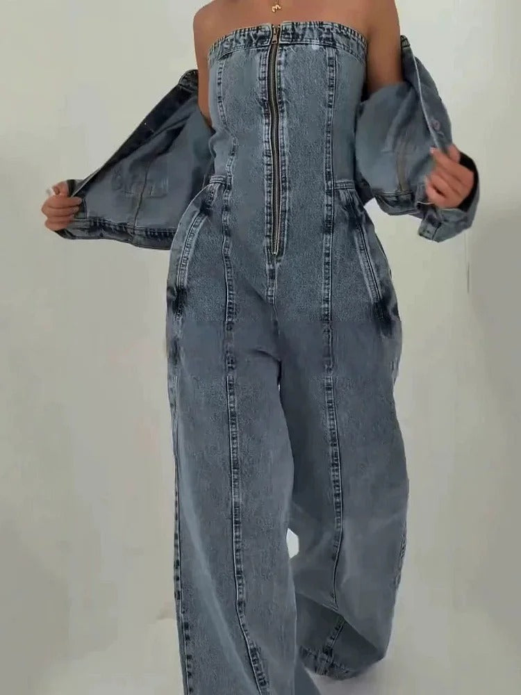 Ensemble combinaison et veste en jean